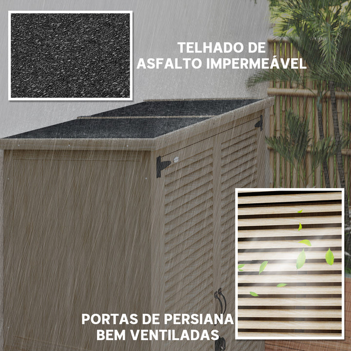 Armário de Jardim de Madeira 0,83 m² 127x65x168 cm Armário Exterior de Madeira com 2 Portas de Persiana 2 Prateleiras 2 Alças e Telhado Impermeável Natural