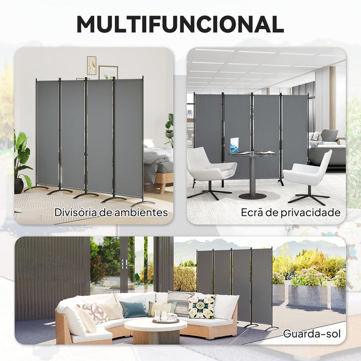 Biombo Separador de Ambientes de 4 Painéis Biombo Dobrável 221x172 cm com Pés Largos Biombo Exterior para Terraço Pátio Jardim Cinza Escuro