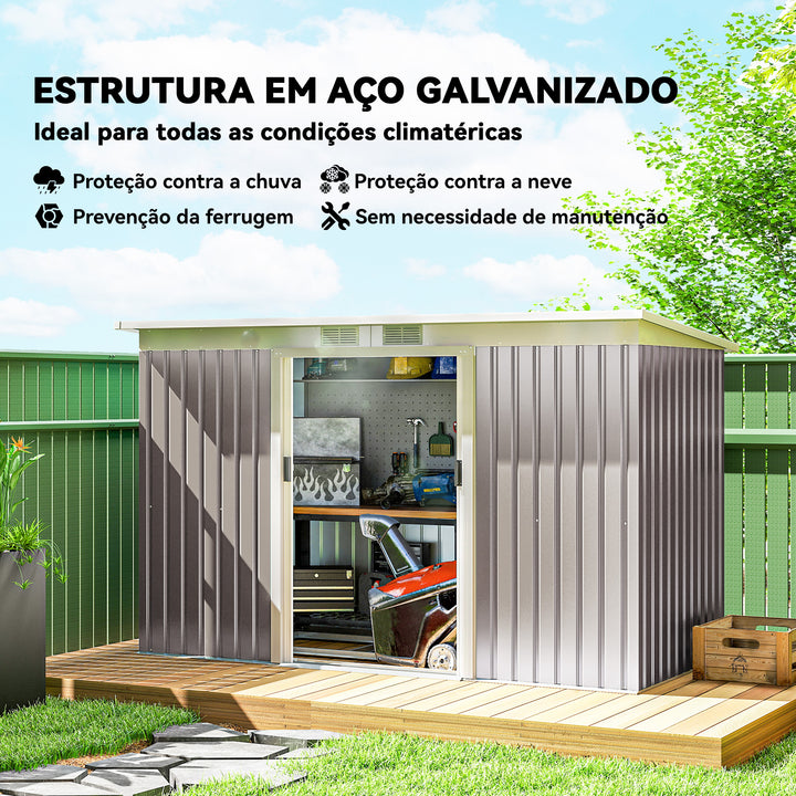 Abrigo de Jardim 280x130x172 cm Abrigo de Exterior de Aço Galvanizado com Porta Corredeira e Ventilações para Armazenamento de Ferramentas Cinza