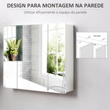 Armário de Casa de Banho com 3 Portas com Espelho Armário de Parede para Casa de Banho com Prateleiras Internas Ajustáveis 70x15x60 cm Branco