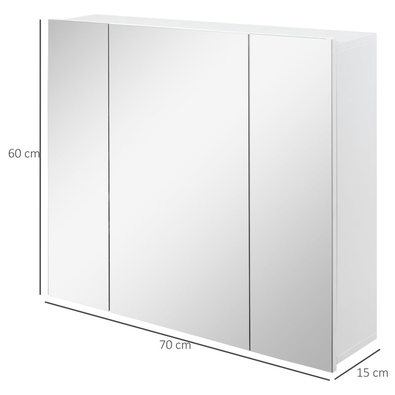 Armário de Casa de Banho com 3 Portas com Espelho Armário de Parede para Casa de Banho com Prateleiras Internas Ajustáveis 70x15x60 cm Branco