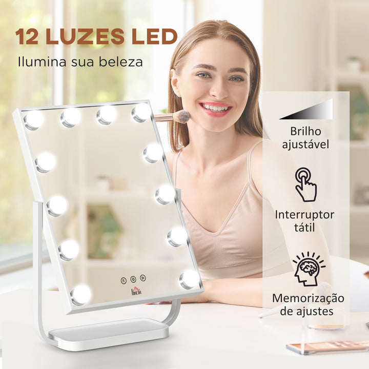 Espelho de Maquilhagem Espelho de Mesa com 12 Luzes LED 3 Temperaturas de Cores Ecrã Tátil Ajustável e Função de Memória para Dormitório Casa de Banho 32,8x11x47,4cm Branco