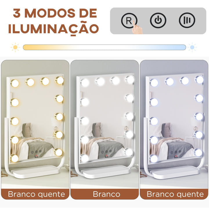 Espelho de Maquilhagem Espelho de Mesa com 12 Luzes LED 3 Temperaturas de Cores Ecrã Tátil Ajustável e Função de Memória para Dormitório Casa de Banho 32,8x11x47,4cm Branco