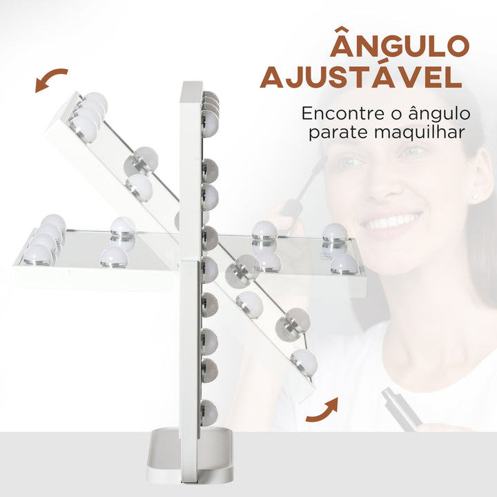 Espelho de Maquilhagem Espelho de Mesa com 12 Luzes LED 3 Temperaturas de Cores Ecrã Tátil Ajustável e Função de Memória para Dormitório Casa de Banho 32,8x11x47,4cm Branco