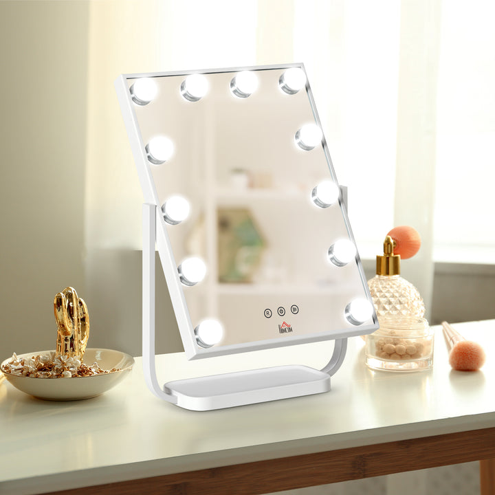 Espelho de Maquilhagem Espelho de Mesa com 12 Luzes LED 3 Temperaturas de Cores Ecrã Tátil Ajustável e Função de Memória para Dormitório Casa de Banho 32,8x11x47,4cm Branco
