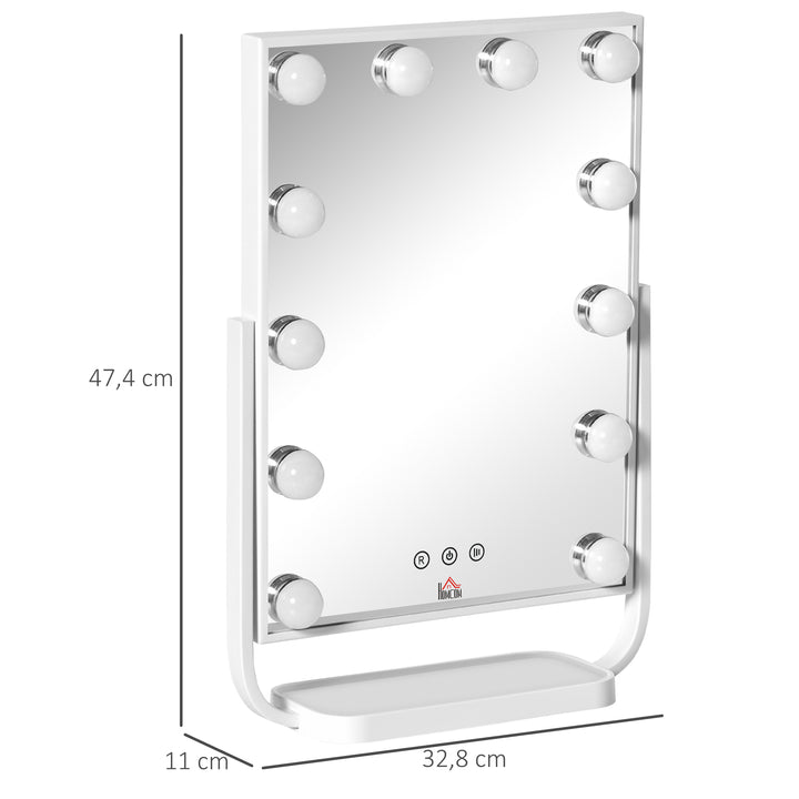 Espelho de Maquilhagem Espelho de Mesa com 12 Luzes LED 3 Temperaturas de Cores Ecrã Tátil Ajustável e Função de Memória para Dormitório Casa de Banho 32,8x11x47,4cm Branco