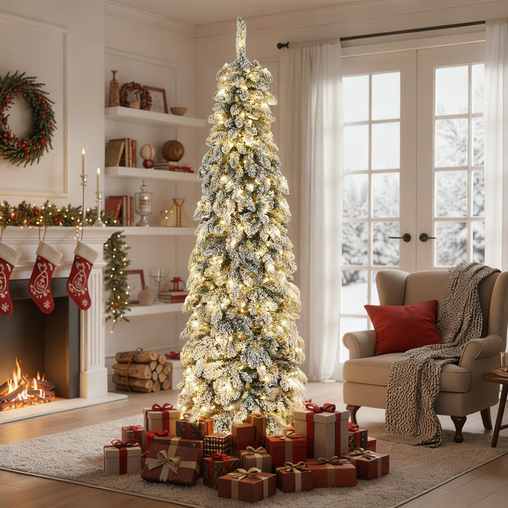 Árvore de Natal Estreita 225 cm Árvore de Natal Nevada com Luzes LED Bicolores Temporizador 11 Modos de Iluminação 800 Ramos Suporte em Aço Montagem Fácil Verde