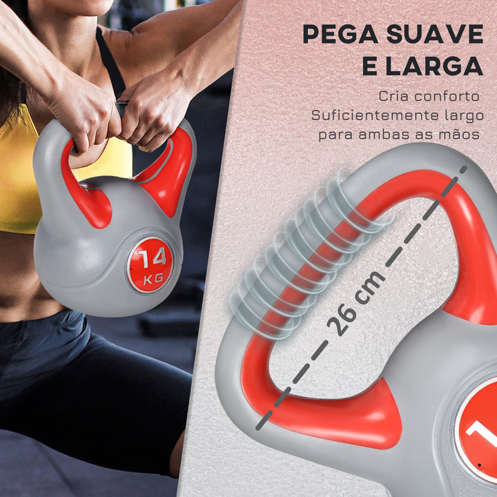 Kettlebell 14 kg Peso Russo com Revestimento de PU e Enchimento de Areia para Treinamento em Casa Ginásio 26x18x32 cm Vermelho e Cinza
