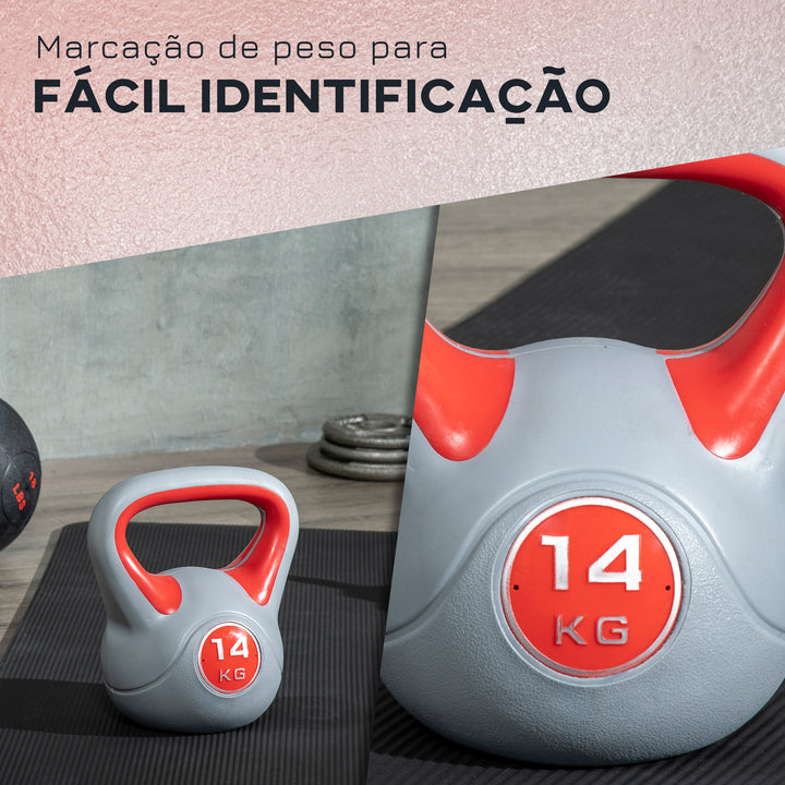 Kettlebell 14 kg Peso Russo com Revestimento de PU e Enchimento de Areia para Treinamento em Casa Ginásio 26x18x32 cm Vermelho e Cinza