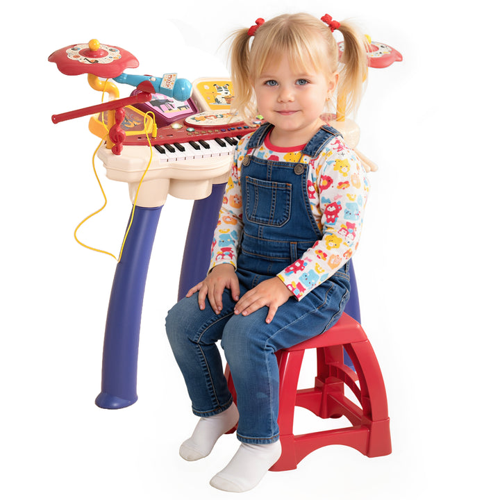 Piano Eletrónico para Crianças com 32 Teclas Piano Infantil 2 em 1 com Microfone Banco Luzes 19 Músicas Bateria e Volume Ajustável 74x32,2x71 cm Multicor