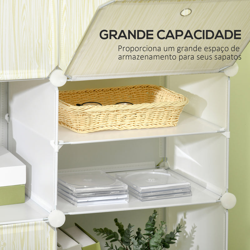 Armário Modular de Plástico Armário Portátil com 12 Cubos Organizadores de Sapatos Roupas Brinquedos para Entrada Corredor Dormitório 125x32x125cm Branco e Natural