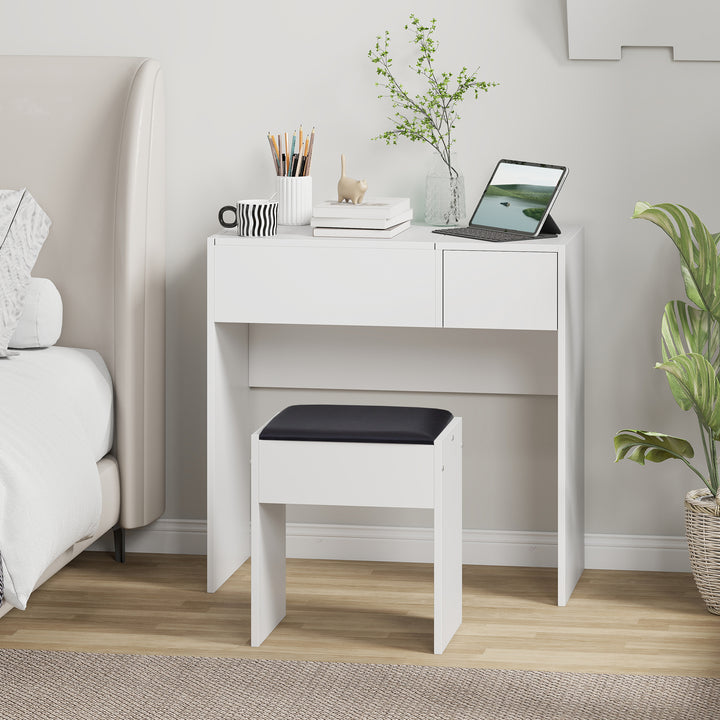 Comoda com Banquinho Espelho Tampa Dobrável Mesa para Maquilhagem 3 Caixas e 1 Gaveta Branca