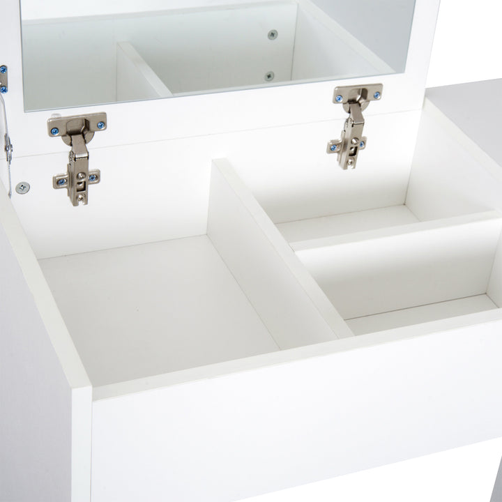 Comoda com Banquinho Espelho Tampa Dobrável Mesa para Maquilhagem 3 Caixas e 1 Gaveta Branca