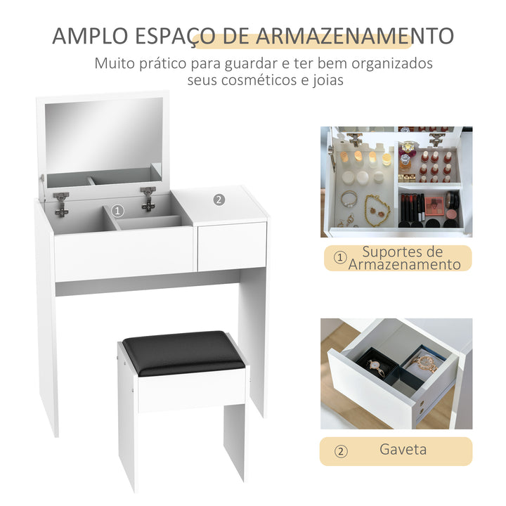 Comoda com Banquinho Espelho Tampa Dobrável Mesa para Maquilhagem 3 Caixas e 1 Gaveta Branca