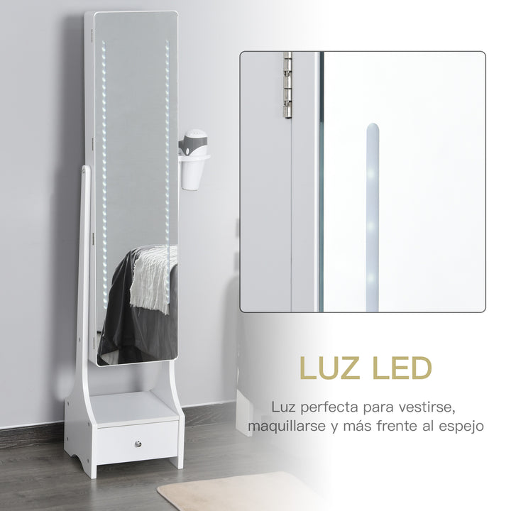 Joalheiro de Pé com Espelho Luz Armário para Jóias com Espelho de Corpo Inteiro 3 Ângulos Ajustáveis com Gaveta e Suporte para Secador 37x30x158cm Branco