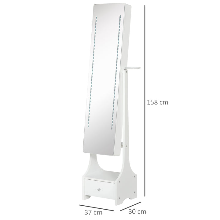 Joalheiro de Pé com Espelho Luz Armário para Jóias com Espelho de Corpo Inteiro 3 Ângulos Ajustáveis com Gaveta e Suporte para Secador 37x30x158cm Branco