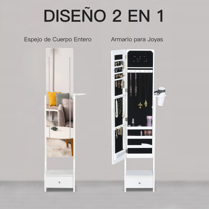 Joalheiro de Pé com Espelho Luz Armário para Jóias com Espelho de Corpo Inteiro 3 Ângulos Ajustáveis com Gaveta e Suporte para Secador 37x30x158cm Branco