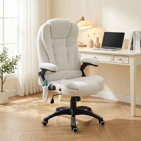Cadeira de Massagem com 6 Pontos de Massagem Cadeira de Escritório Reclinável até 130° com Função de Aquecimento Altura Ajustável e Rodas para Estúdio 67x74x107-116 cm Branco