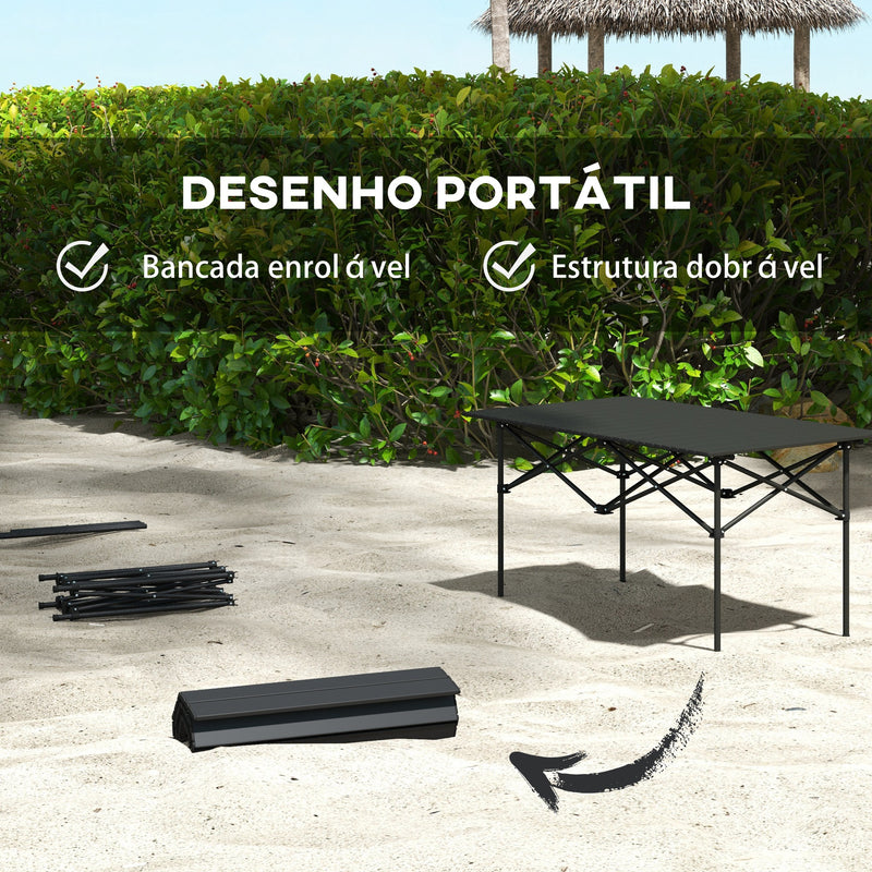 Mesa de Campismo Dobrável de Metal com Tampo Enrolável e Bolsa de Transporte Mesa de Piquenique Portátil para Campismo Trekking Praia e Barbecue 95x55x50 cm Preto