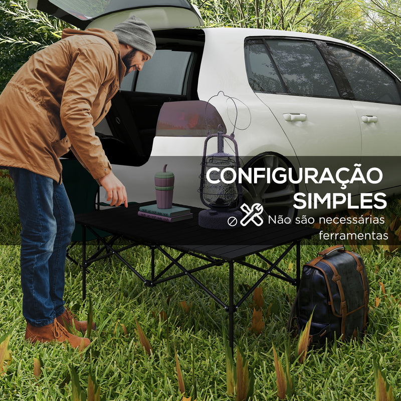 Mesa de Campismo Dobrável de Metal com Tampo Enrolável e Bolsa de Transporte Mesa de Piquenique Portátil para Campismo Trekking Praia e Barbecue 95x55x50 cm Preto