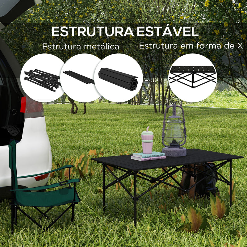 Mesa de Campismo Dobrável de Metal com Tampo Enrolável e Bolsa de Transporte Mesa de Piquenique Portátil para Campismo Trekking Praia e Barbecue 95x55x50 cm Preto