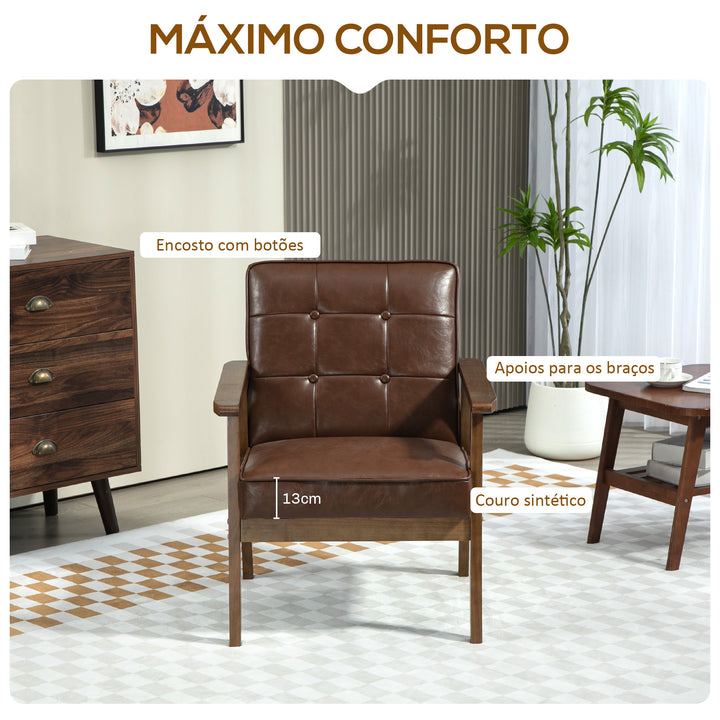 Poltrona Sala de Estar Estofada em PU Poltrona Sala de Estar com Apoio para os Braços e Estrutura de Madeira de Borracha Poltrona para Dormitório Sala de Estar Carga 120 kg 64x66x80 cm Marrom