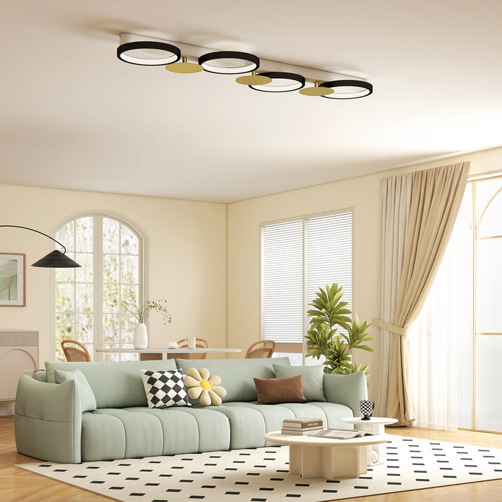 Candeeiro de Teto Regulável com 4 Focos Candeeiro LED de Teto com Controlo Remoto Modos de Cena 1500 lm 38 W, 3000 K-6500 K para Sala de Estar Quarto Escritório 100x31x7 cm Preto e Dourado