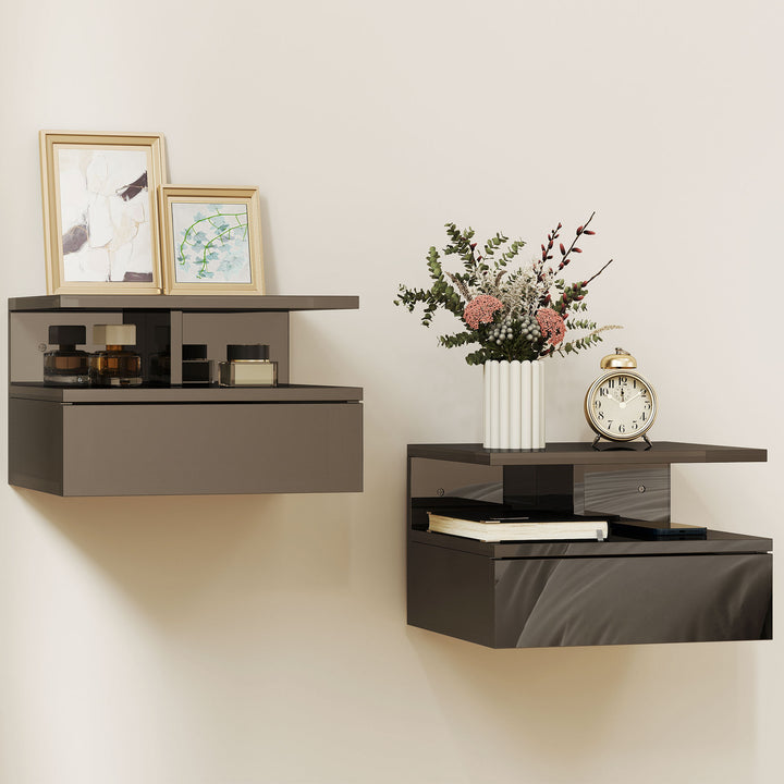 Conjunto de 2 Mesas de Cabeceira Flutuantes, Mesas de Cabeceira com Gaveta e Prateleira Aberta, Design Moderno, Para Sala de Estar, 35x32x22,5 cm, Preto Brilhante