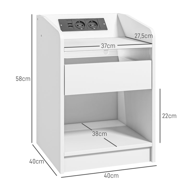 Mesa de Cabeceira com Luzes LED Mesa de Cabeceira com Gaveta Prateleira Estação de Carregamento Entrada USB e Controlo Remoto 40x40x58 cm Branco