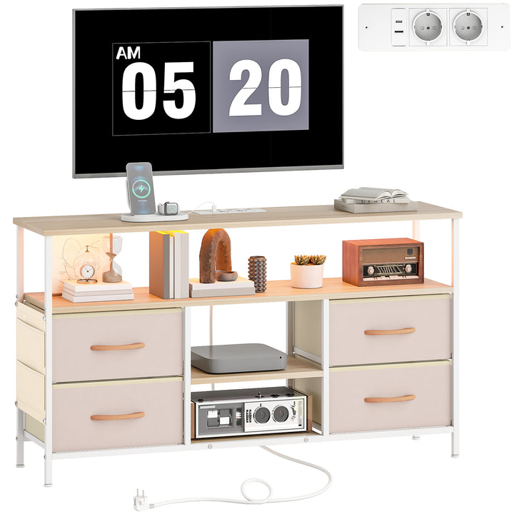 Móvel de TV com Luz LED Móvel de TV para Sala com Tomadas Portas USB Prateleiras Abertas 4 Gavetas de Tecido e Bolso para Televisão até 50 Polegadas 120x30x67,5 cm Bege e Madeira