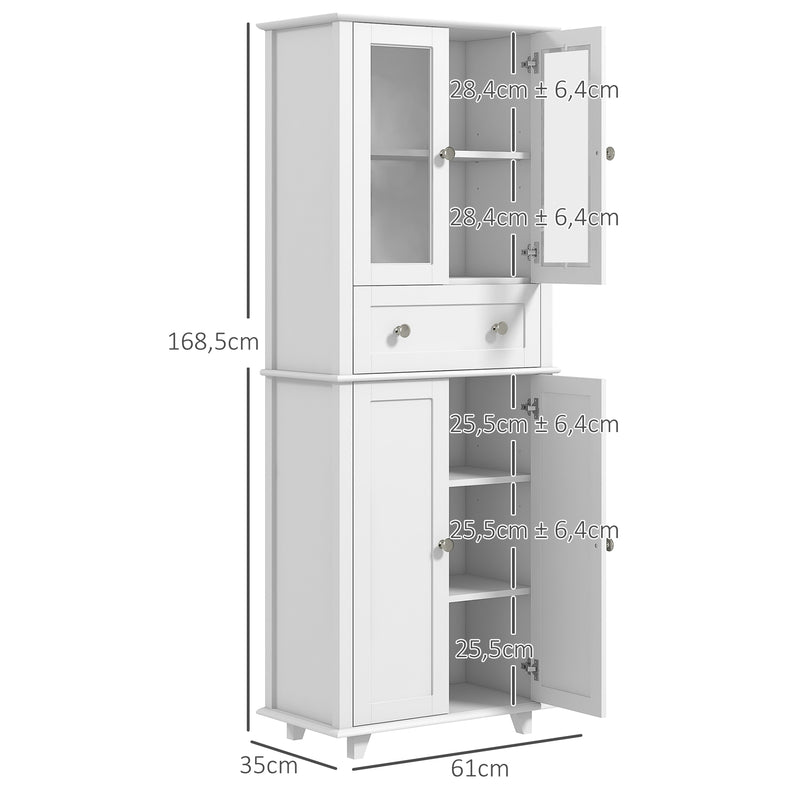 Armário de Cozinha Móvel Auxiliar de Cozinha com 2 Portas de Vidro Temperado Gaveta e Prateleiras Ajustáveis para Sala 61x35x168,5 cm Branco