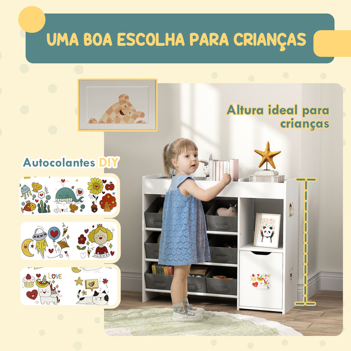 Organizador de Brinquedos para Crianças Organizador Infantil com 9 Cestos Amovíveis Compartimentos e Autocolantes para Escola Infantil Sala de Jogos 92x30x80 cm Branco e Cinza