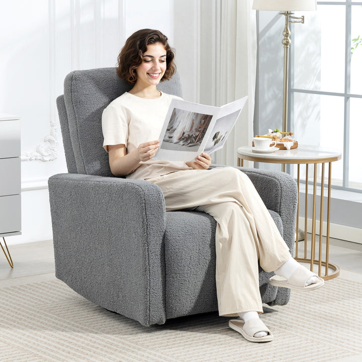 Poltrona Relax Reclinável Manual Poltrona Relax de Borreguito com Apoio de Braços Apoio para Pés, Acolchoado Grosso Função de Baloiço 360° Poltrona Reclinável até 135º 76x94x100 cm Cinza