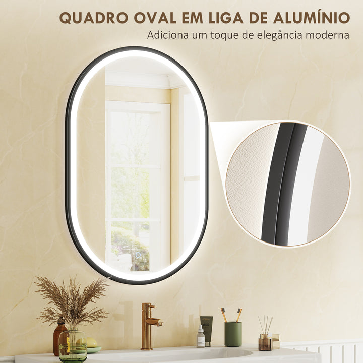 Espelho de Casa de Banho com Luz 60x90 cm Espelho de Parede Oval 3 Cores de Luz Brilho Regulável Função Antiembaçiamento Memória Interruptor Tátil Moldura de Alumínio IP44 Preto