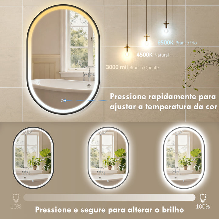 Espelho de Casa de Banho com Luz 60x90 cm Espelho de Parede Oval 3 Cores de Luz Brilho Regulável Função Antiembaçiamento Memória Interruptor Tátil Moldura de Alumínio IP44 Preto