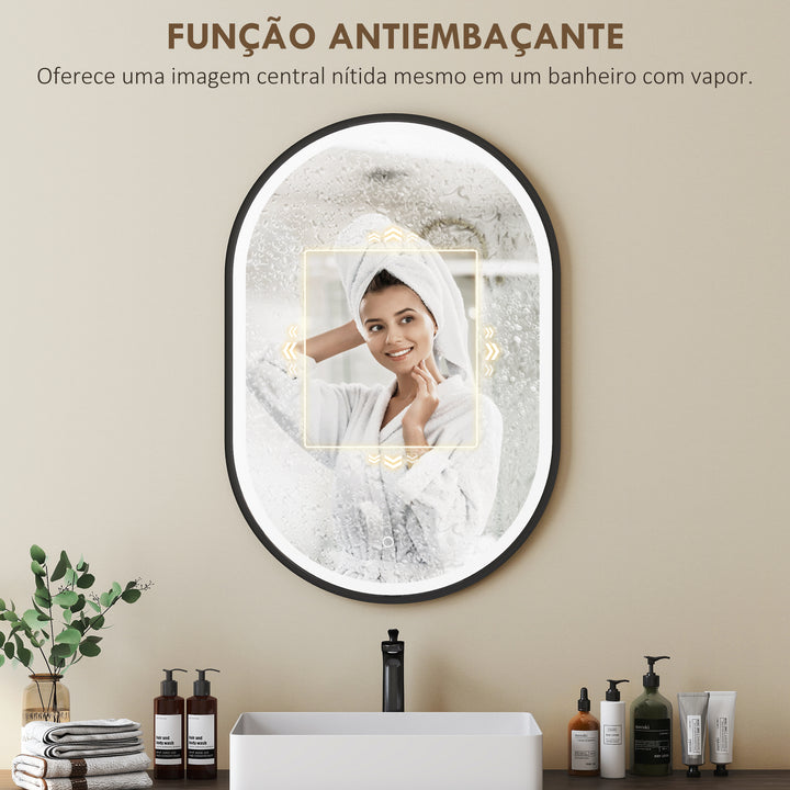 Espelho de Casa de Banho com Luz 60x90 cm Espelho de Parede Oval 3 Cores de Luz Brilho Regulável Função Antiembaçiamento Memória Interruptor Tátil Moldura de Alumínio IP44 Preto