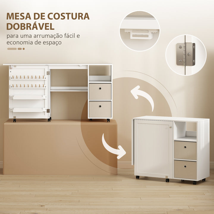 Mesa de Costura Dobrável com 6 Rodas Móvel para Máquina de Costura com 18 Pinos para Linhas 2 Gavetas de Tecido 3 Compartimentos Armário de Costura para Escritório Sala Branco