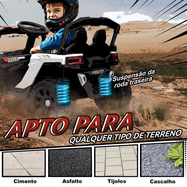 Carro Elétrico para Crianças 12V Carro a Bateria UTV com 2 Motores Controlo Remoto 2,4G Suspensão Traseira Faróis Música para Crianças acima de 3 Anos 88x57,5x55,5 cm Branco