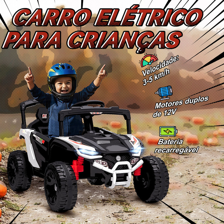 Carro Elétrico para Crianças 12V Carro a Bateria UTV com 2 Motores Controlo Remoto 2,4G Suspensão Traseira Faróis Música para Crianças acima de 3 Anos 88x57,5x55,5 cm Branco