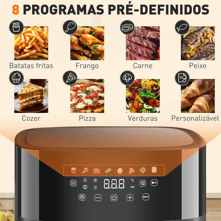 Fritadeira sem Óleo 8 L Air Fryer 1700 W com Circulação de Ar Quente a 360° Temperatura Regulável 80-200°C 8 Programas Painel Tátil Temporizador 32,5x41x32 cm Preto