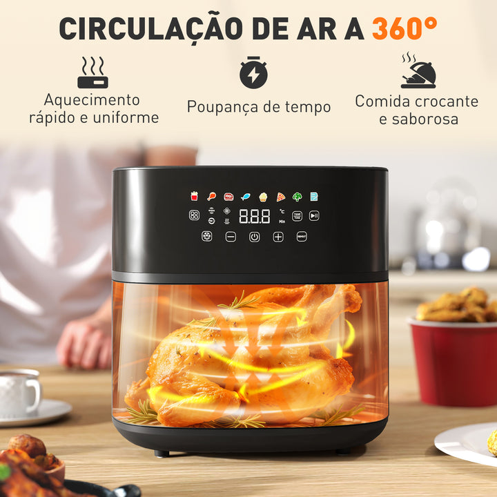Fritadeira sem Óleo 8 L Air Fryer 1700 W com Circulação de Ar Quente a 360° Temperatura Regulável 80-200°C 8 Programas Painel Tátil Temporizador 32,5x41x32 cm Preto