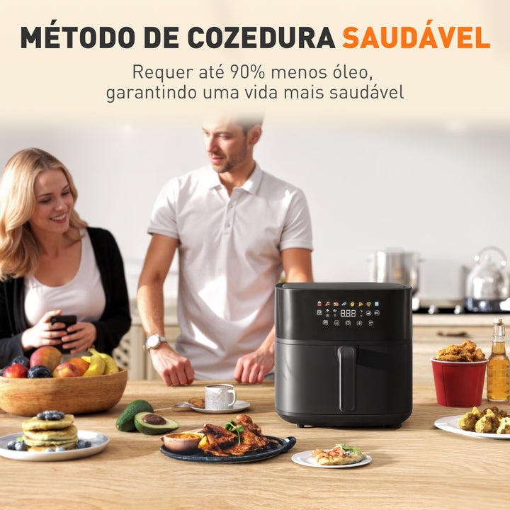 Fritadeira sem Óleo 8 L Air Fryer 1700 W com Circulação de Ar Quente a 360° Temperatura Regulável 80-200°C 8 Programas Painel Tátil Temporizador 32,5x41x32 cm Preto