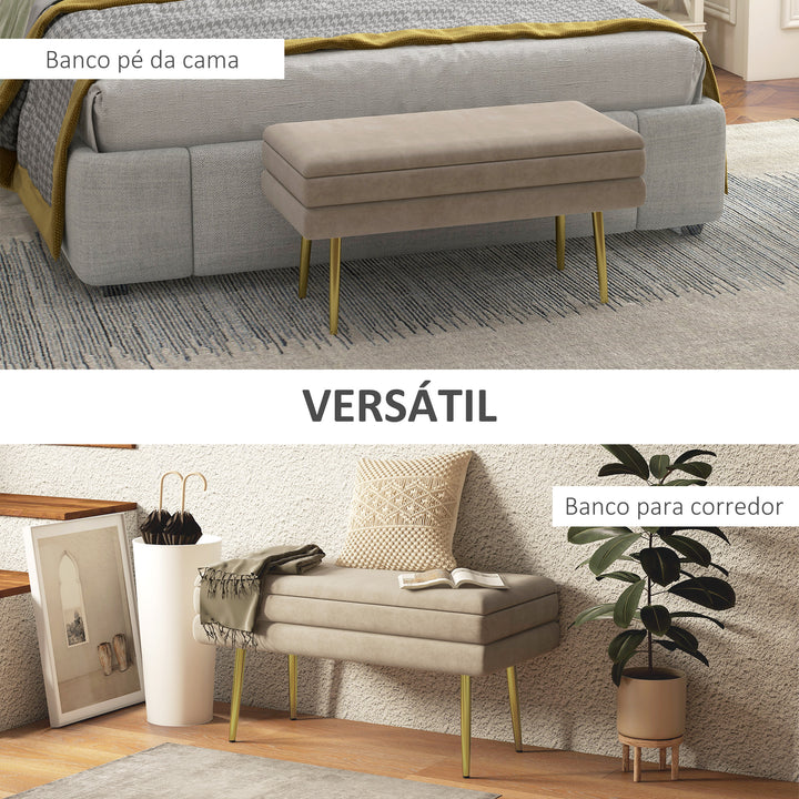 Banco Pé de Cama 30L Banco com Armazenamento para Dormitório Estofado em Veludo Banco de Entrada com Pés de Aço 79,5x37,5x43 cm Bege