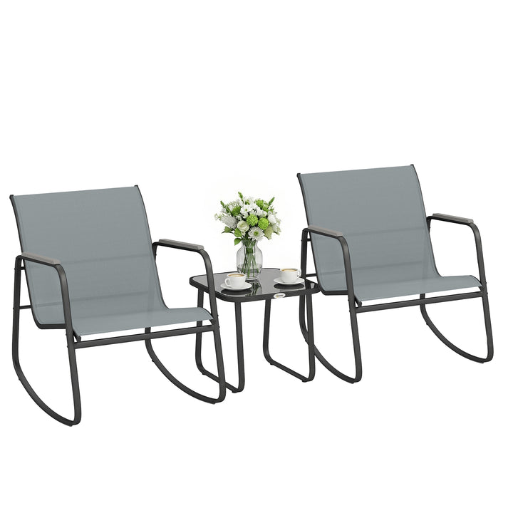 Conjunto de Mesa e Cadeiras de Terraço Exterior de 3 Peças, Móveis de Jardim com 2 Cadeiras de Balanço Mesa com Tampo de Vidro e Estrutura de Aço para Varanda ou Pátio Cinza