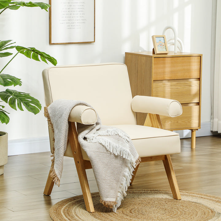 Poltrona Sala de Estar Poltrona Nórdica Poltrona Estofada em PU com Apoio para os Braços e Estrutura de Madeira de Borracha para Dormitório Carga 120 kg 73x70x80 cm Creme