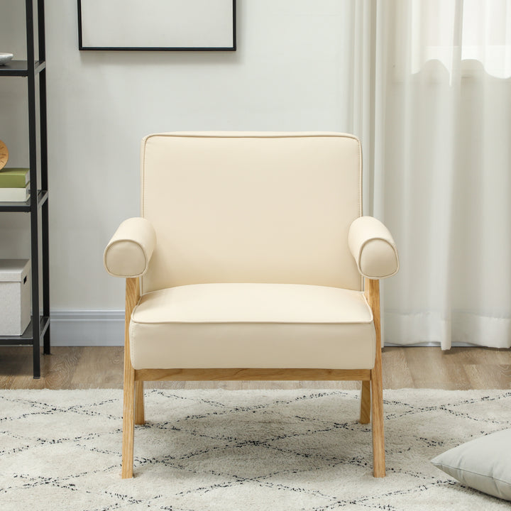 Poltrona Sala de Estar Poltrona Nórdica Poltrona Estofada em PU com Apoio para os Braços e Estrutura de Madeira de Borracha para Dormitório Carga 120 kg 73x70x80 cm Creme