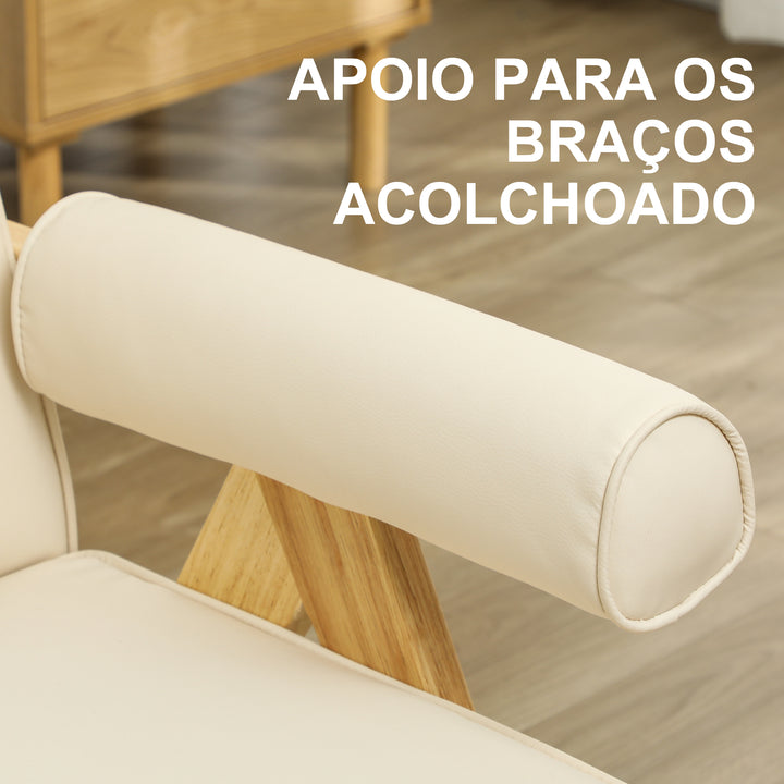 Poltrona Sala de Estar Poltrona Nórdica Poltrona Estofada em PU com Apoio para os Braços e Estrutura de Madeira de Borracha para Dormitório Carga 120 kg 73x70x80 cm Creme