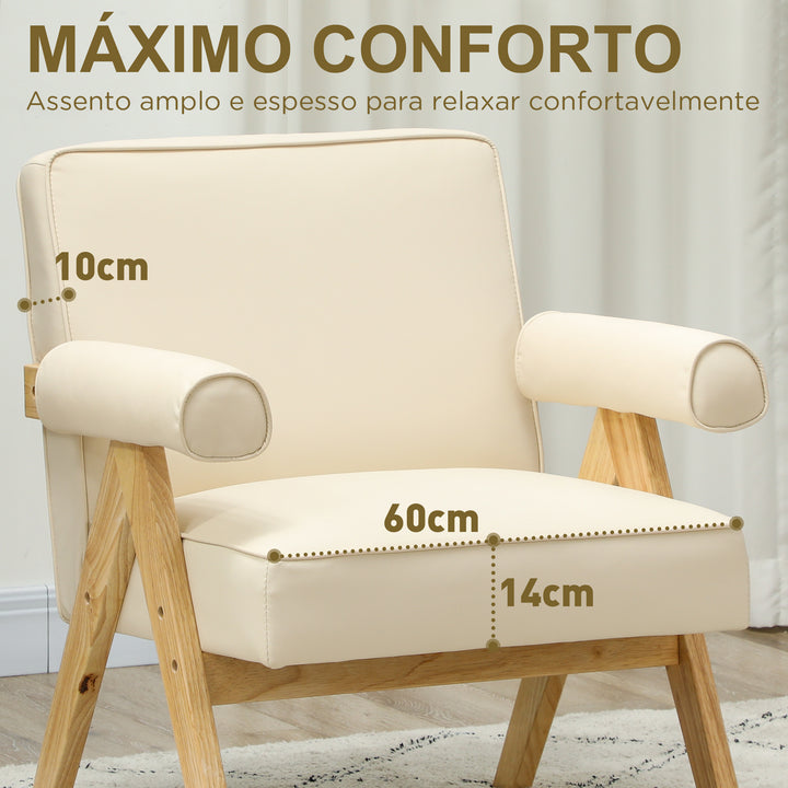 Poltrona Sala de Estar Poltrona Nórdica Poltrona Estofada em PU com Apoio para os Braços e Estrutura de Madeira de Borracha para Dormitório Carga 120 kg 73x70x80 cm Creme