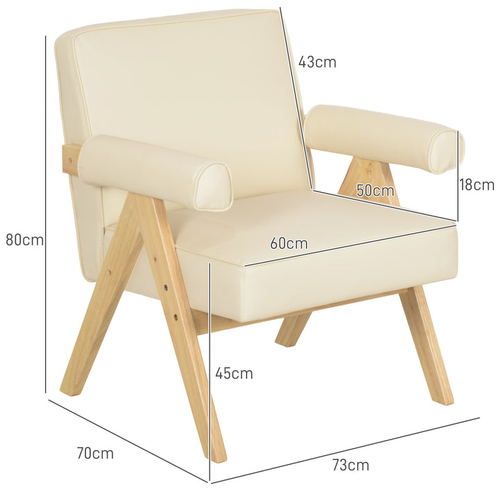 Poltrona Sala de Estar Poltrona Nórdica Poltrona Estofada em PU com Apoio para os Braços e Estrutura de Madeira de Borracha para Dormitório Carga 120 kg 73x70x80 cm Creme