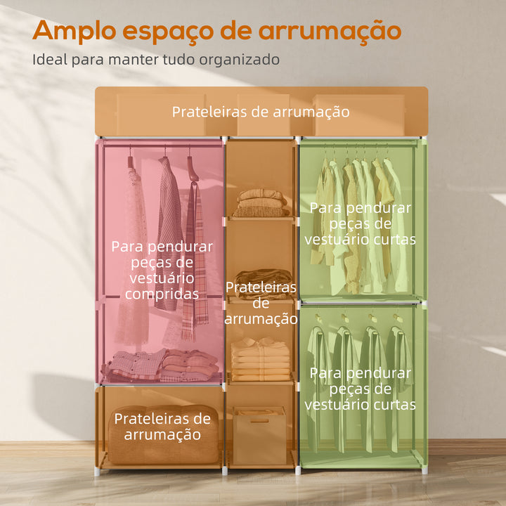 Armário para Roupas 182x43x185 cm Armário Aberto com 8 Prateleiras de Tecido Barras para Pendurar Estrutura de Metal para Quarto Sala Vestiário Cinzento Claro